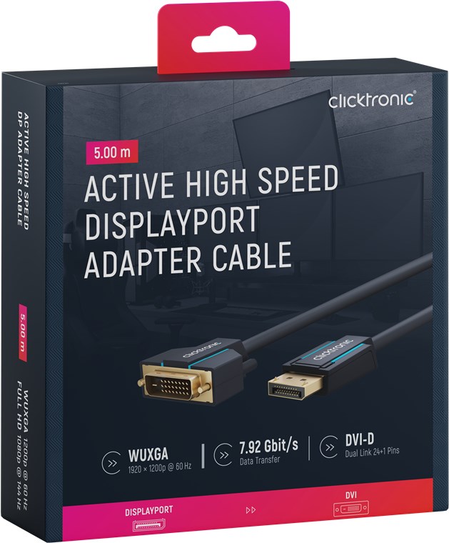 Aktives DisplayPort-auf-DVI-D-Adapterkabel - Kabellänge 5 m - Premium-Kabel|1x DisplayPort-Stecker >> 1x DVI-D-Stecker Dual-Link|5,0 m|WUXGA @ 60 Hz