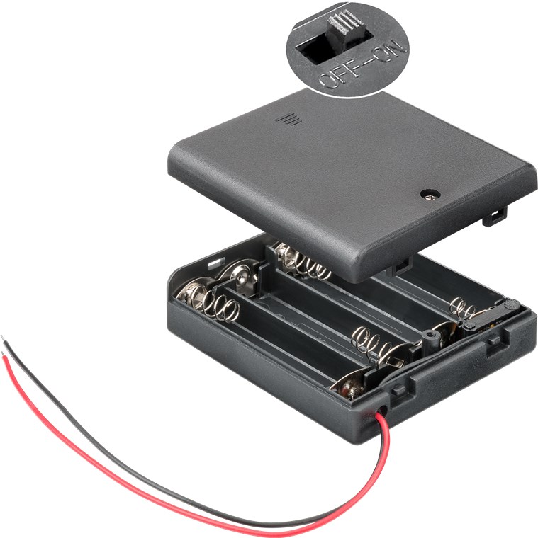4x AA (Mignon) Batteriehalter 4x AA (Mignon) Batteriehalter - lose Kabelenden, schaltbar, wasserabweisend