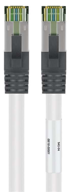 RJ45 (CAT 6A, 500 MHz) Patchkabel mit CAT 8.1 S/FTP Rohkabel, weiß, 10 m - Kabellänge 10 m - 99,9 % sauerstofffreier Kupferleiter (OFC), AWG 24, halogenfreier Kabelmantel (LSZH)