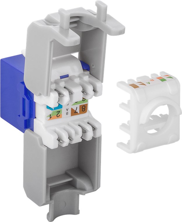 Keystone Modul RJ45 CAT 6A, UTP - Farbversion Blau - 16,5 mm breit, Krokodil-Typ, Klemmleiste für werkzeugfreie LSA-Montage