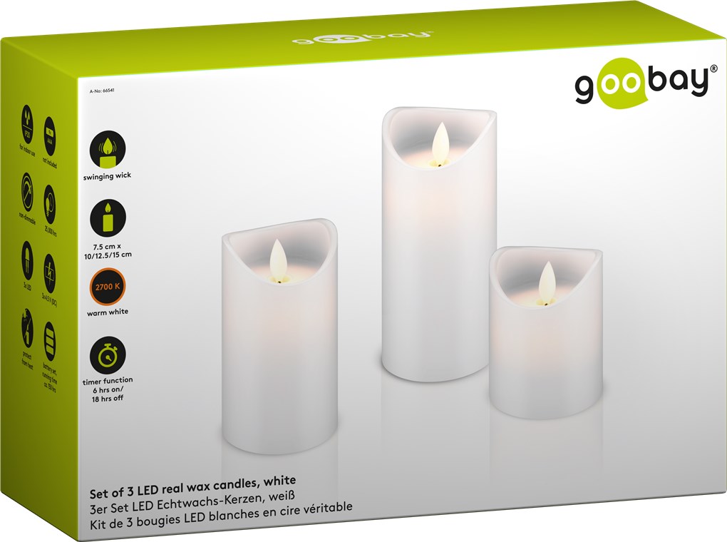 3er-Set LED-Echtwachs-Kerzen, weiß - wunderschöne und sichere Lichtlösung für viele Bereiche wie Haus und Loggia, Büros, oder Schulen