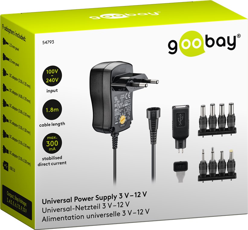 3 V - 12 V Universal-Netzteil - Ausgang, max. Stromstärke (DC) 0.6 A - inkl. 1 USB- und 8 DC-Adapter - max. 3,6 W und 0,6 A 3 V - 12 V Universal-Netzteil - Ausgang, max. Stromstärke (DC) 0.6 A - inkl. 1 USB- und 8 DC-Adapter - max. 3,6 W und 0,6 A