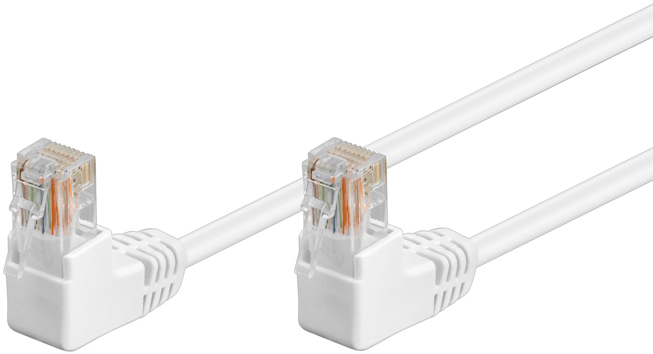 CAT 5e Patchkabel 2x 90° gewinkelt, U/UTP, weiß, 0,25 m - Kabellänge 0.25 m - Kupferkaschierter Aluminiumleiter (CCA), 2x RJ45-Stecker 90° (8P8C)