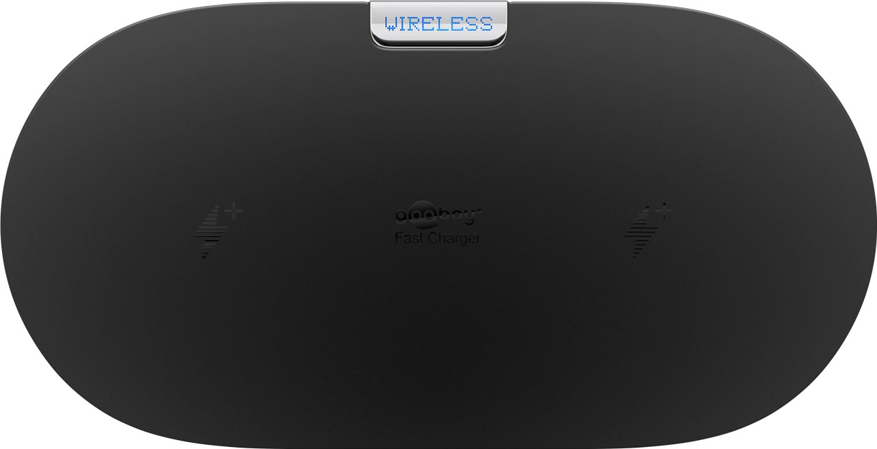 Kabelloses Dual-Schnellladegerät 10 W, Schwarz - flaches Tischladegerät geeignet für zwei Smartphones und Geräte mit Qi-Standard Kabelloses Dual-Schnellladegerät 10 W, Schwarz - flaches Tischladegerät geeignet für zwei Smartphones und Geräte mit Qi-Standard