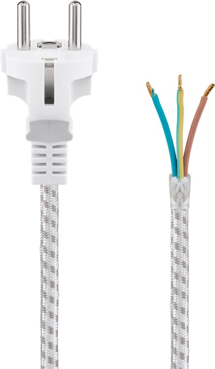 Schutzkontaktkabel hitzebeständig zum Konfektionieren, 3 m, Weiß-Silber - Kabellänge 3 m - Schutzkontaktstecker (Typ F, CEE 7/7) > lose Kabelenden
