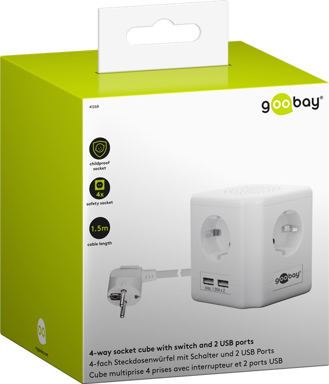 Steckdosenwürfel 4-fach mit Schalter und USB - bis zu 2 USB-Geräte und 4 Elektrogeräte anschließbar
