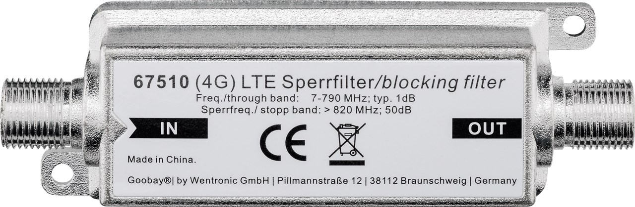LTE/4G Sperrfilter F-Buchse - F-Buchse - Anschluss, Typ F-Buchse - für störungsfreien DVB-T / T2 HD Empfang