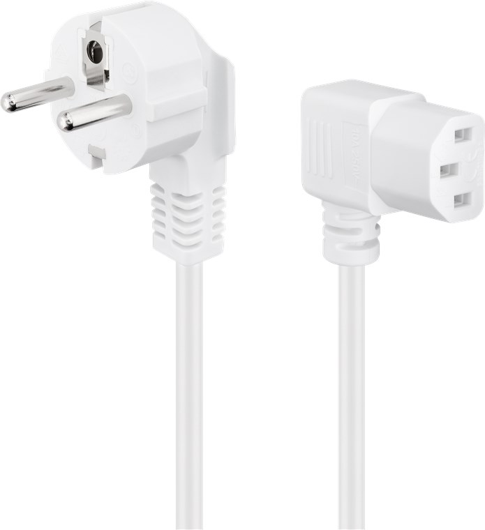 Beidseitig abgewinkeltes Kaltgeräte-Anschlusskabel, 3 m, Weiß - Kabellänge 3 m - Schutzkontaktstecker (Typ F, CEE 7/7) > Gerätebuchse C13 (Kaltgeräteanschluss)