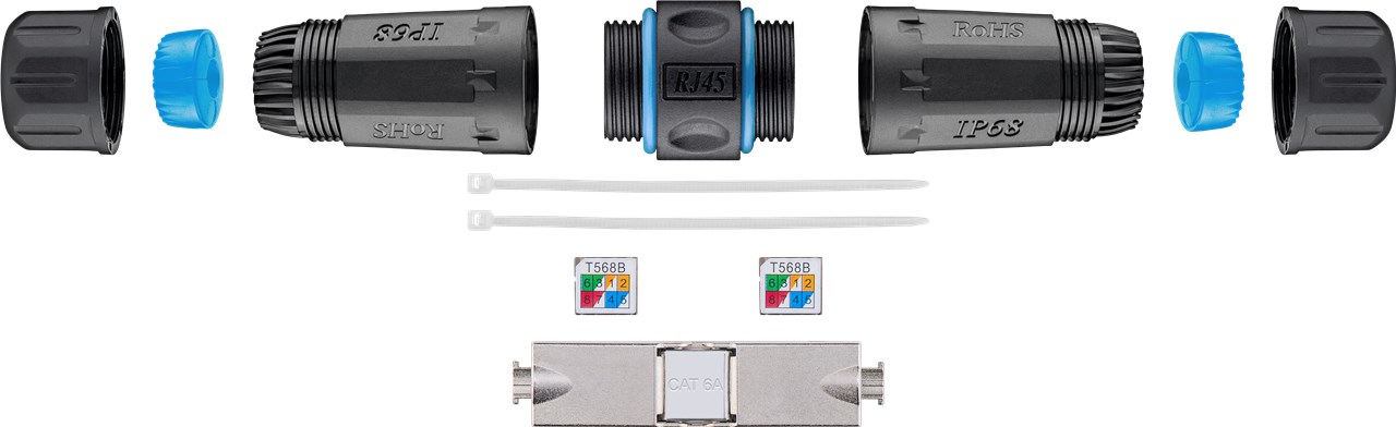 Outdoor (IP68) Netzwerkkabel-Verbinder, CAT 6A STP geschirmt - staub- und wasserdicht, Klemmleiste für LSA Montage (werkzeugfrei)