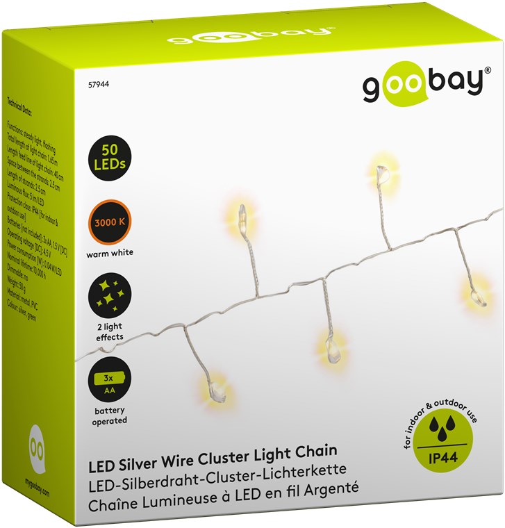 50er LED-Silberdraht-Cluster-Lichterkette - mit 2 Leuchtmodi, warmweiß (3000 K), batteriebetrieben, für den Innen- und Außenbereich (IP44)