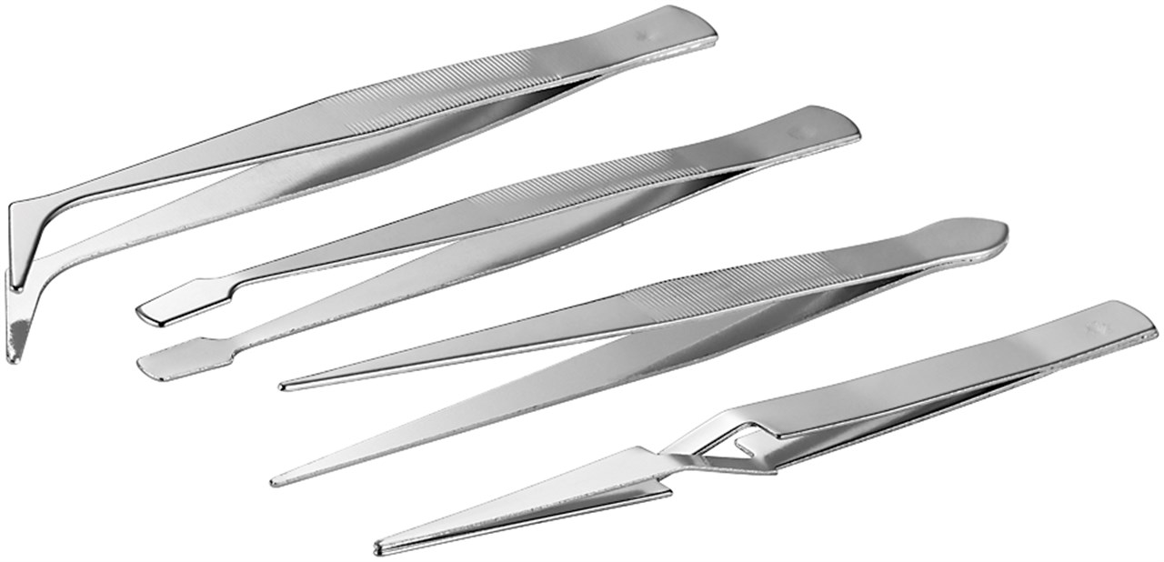 Pinzetten-Set 4-teilig Pinzetten-Set 4-teilig - 1x Spitzpinzette, gerade, 1x Spitzpinzette, gebogen, 1x Flachpinzette, gebogen, 1x Kreuzpinzette, 110 mm