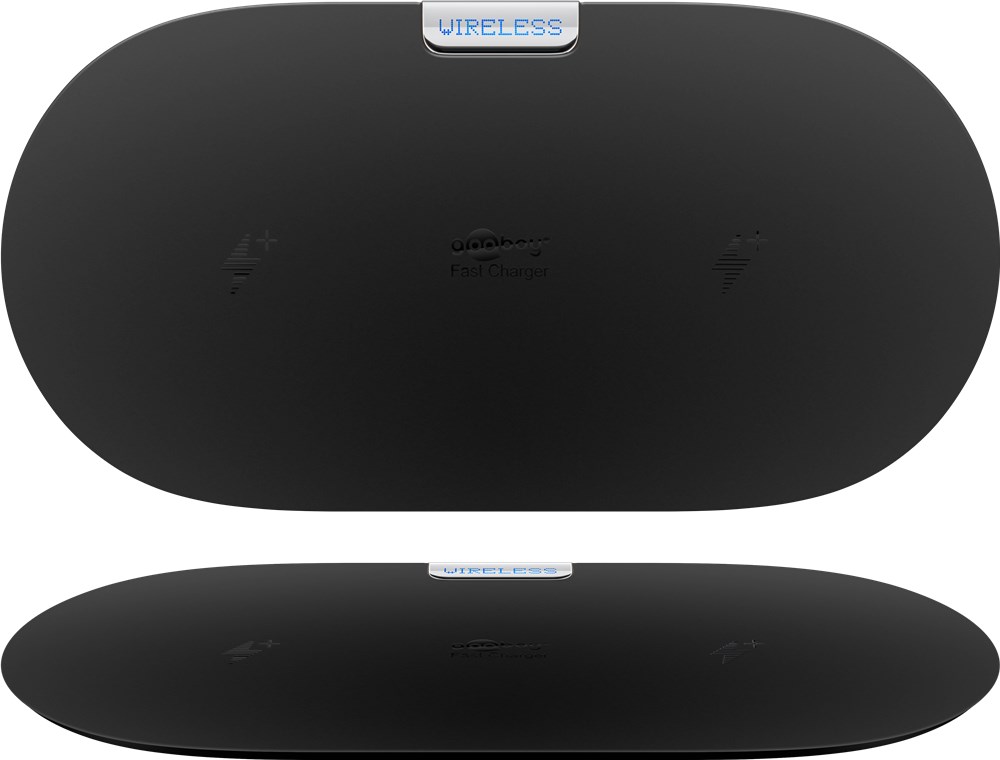 Kabelloses Dual-Schnellladegerät 10 W, Schwarz - flaches Tischladegerät geeignet für zwei Smartphones und Geräte mit Qi-Standard Kabelloses Dual-Schnellladegerät 10 W, Schwarz - flaches Tischladegerät geeignet für zwei Smartphones und Geräte mit Qi-Standard