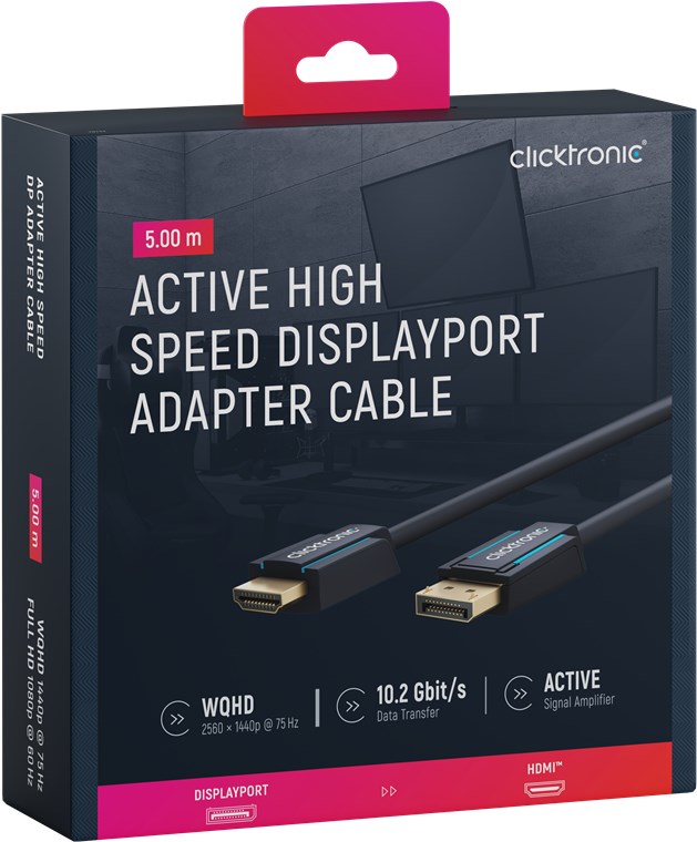 Aktives DisplayPort-auf-HDMI™-Adapterkabel - Kabellänge 5 m - Premium-Kabel|1x DisplayPort-Stecker >> 1x HDMI™-Stecker|5,0 m|WQHD @ 75 Hz Aktives DisplayPort-auf-HDMI™-Adapterkabel - Kabellänge 5 m - Premium-Kabel|1x DisplayPort-Stecker >> 1x HDMI™-Stecker|5,0 m|WQHD @ 75 Hz