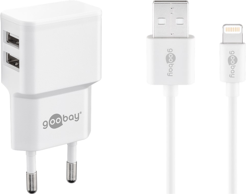 Apple Lightning Dual Ladeset 2,4 A Apple Lightning Dual Ladeset 2,4 A - Netzteil mit 2x USB-Buchse und Apple Lightning-Kabel 1m (weiß)