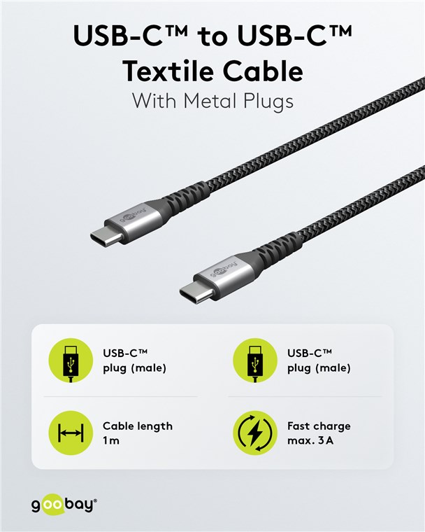 USB-C™ auf USB-C™ Textilkabel mit Metallsteckern (spacegrau/silber) 1 m - Kabellänge 1 m - elegantes und extra-robustes Verbindungskabel für Geräte mit USB-C™-Anschluss