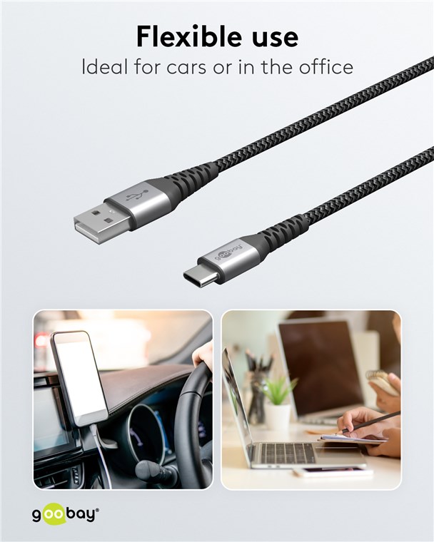 USB-A auf USB-C™ Textilkabel mit Metallsteckern (spacegrau/silber) 1 m - Kabellänge 1 m - elegantes und extra-robustes Verbindungskabel für Geräte mit USB-C™-Anschluss USB-A auf USB-C™ Textilkabel mit Metallsteckern (spacegrau/silber) 1 m - Kabellänge 1 m - elegantes und extra-robustes Verbindungskabel für Geräte mit USB-C™-Anschluss