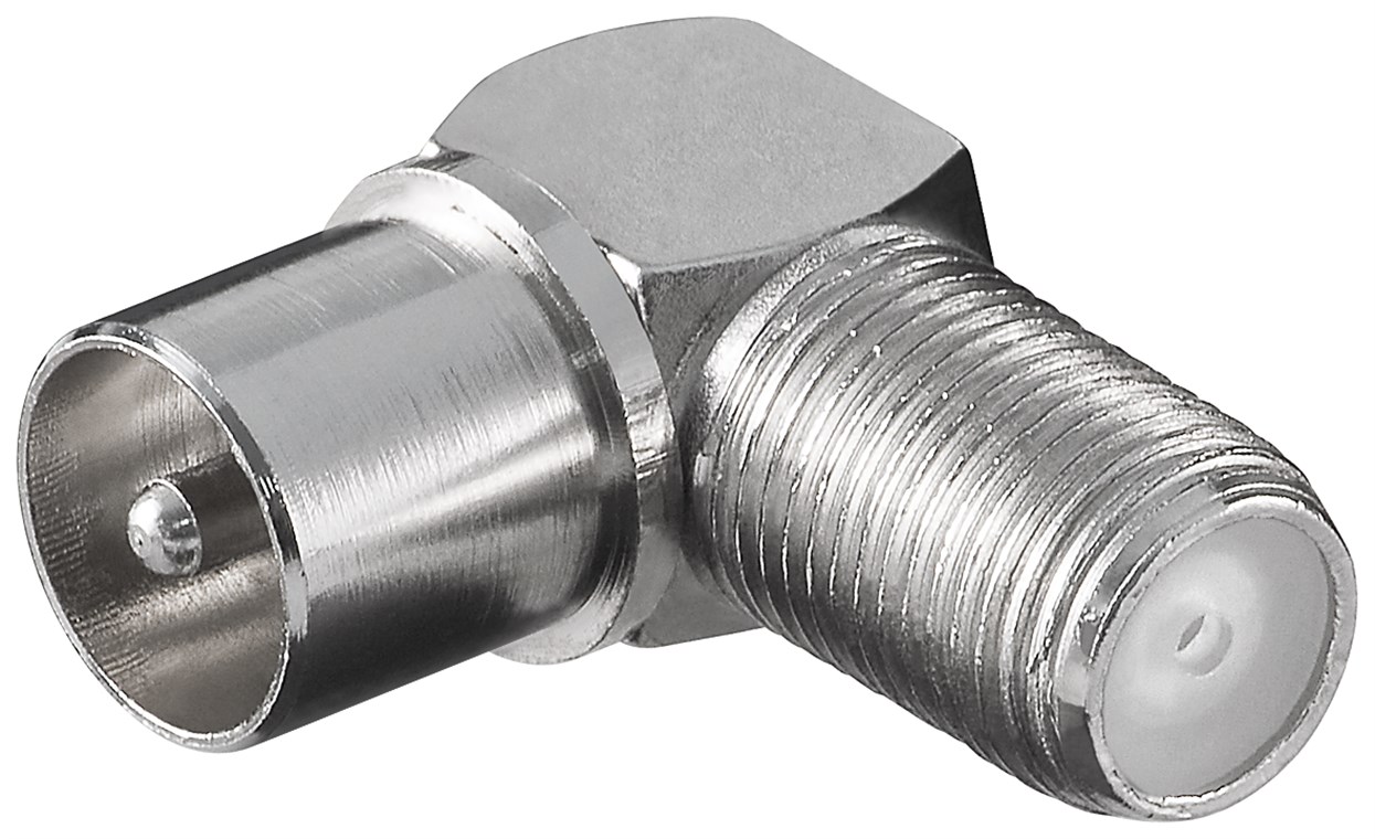 Winkeladapter: F-Buchse > Koax-Stecker 90° Winkeladapter: F-Buchse > Koax-Stecker 90° - Zink