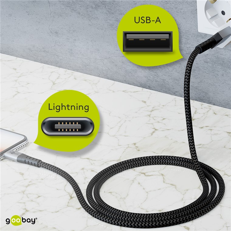Lightning auf USB-A Textilkabel mit Metallsteckern (spacegrau/silber) 1 m - Kabellänge 1 m - elegantes und extra-robustes Verbindungskabel für z. B. Apple iPhone, iPad (Apple MFi-zertifiziert)