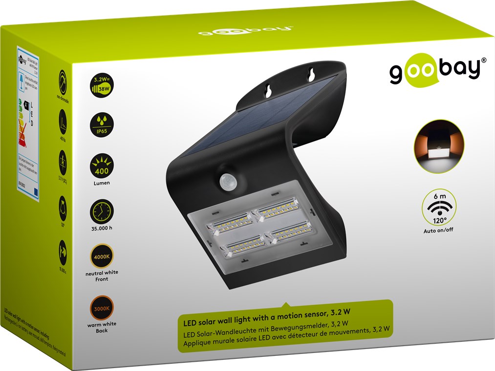 LED-Solar-Wandleuchte mit Bewegungsmelder, 3,2 W, schwarz - Farbversion - Lichtlösung für Hauseingänge, Carports und Treppen