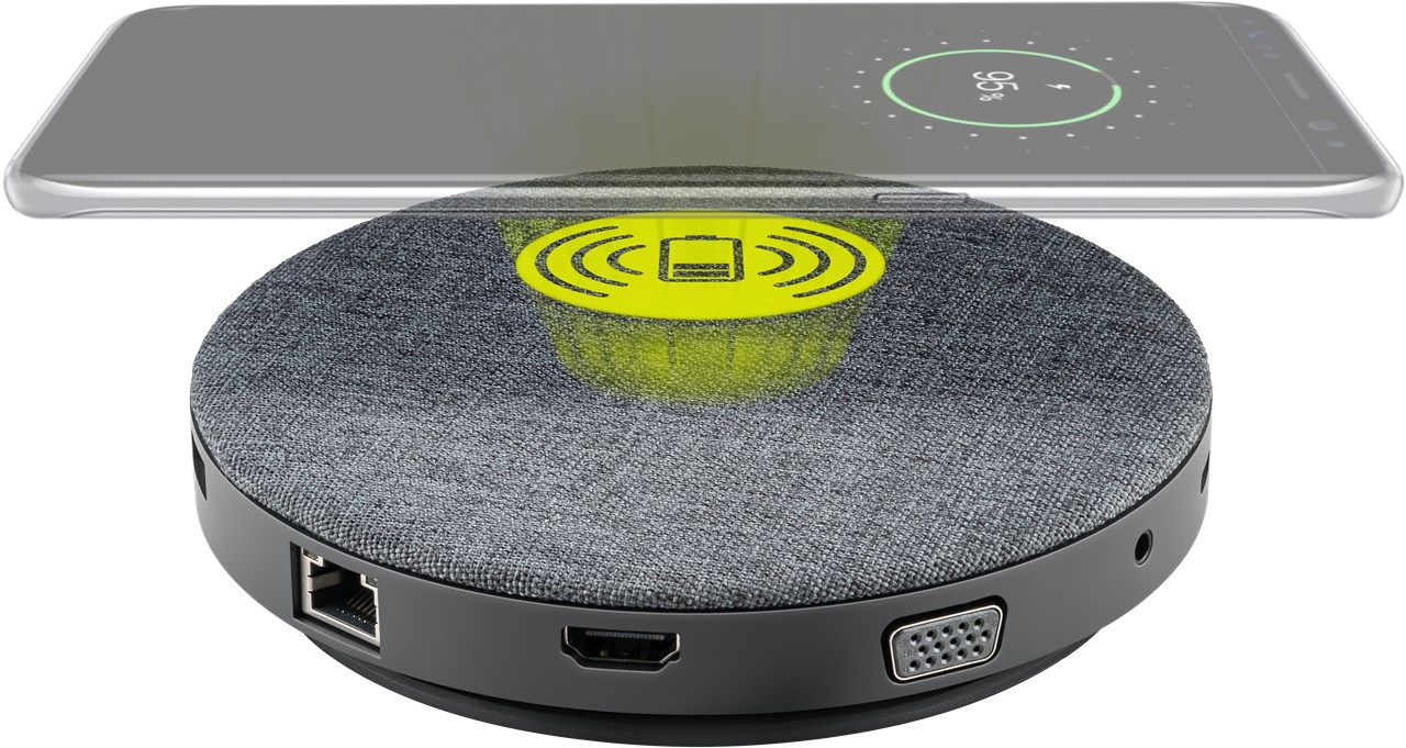 USB-C™ 11 in 1 Multiport Dock mit Wireless Fast Charging und Power Delivery 100 W - es erweitert einen USB-C™-Anschluss um folgende Dinge: MicroSD- & SD-Kartenleser, 4K HDMI™-Anschluss, VGA-Anschluss, RJ45-Gigabit-Ethernet-Anschluss & 3,5 mm Audio-Port.