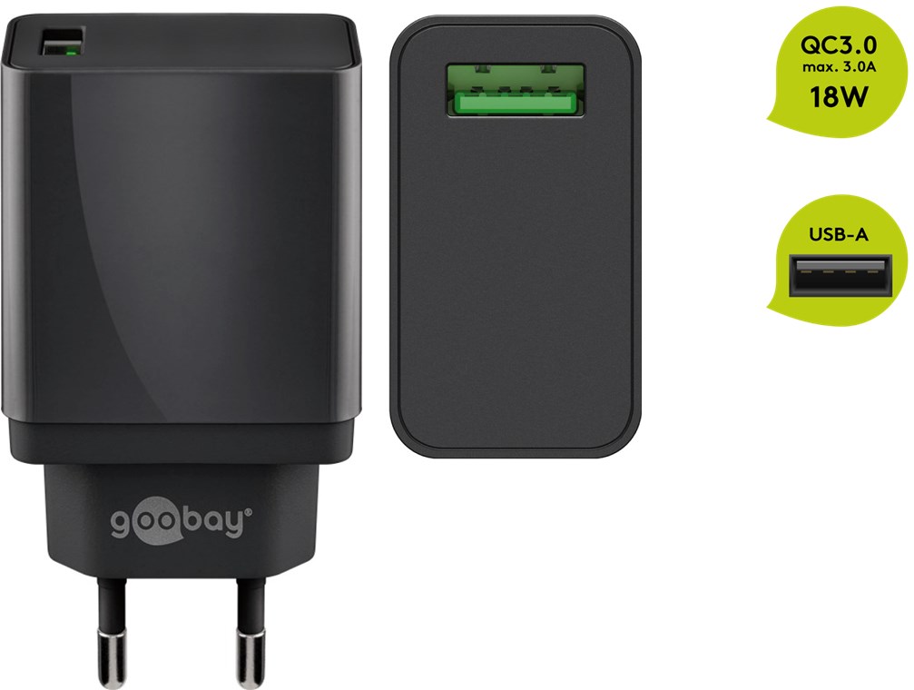 USB Schnellladegerät QC3.0 (18W) schwarz - lädt bis zu 4x schneller als Standardladegeräte
