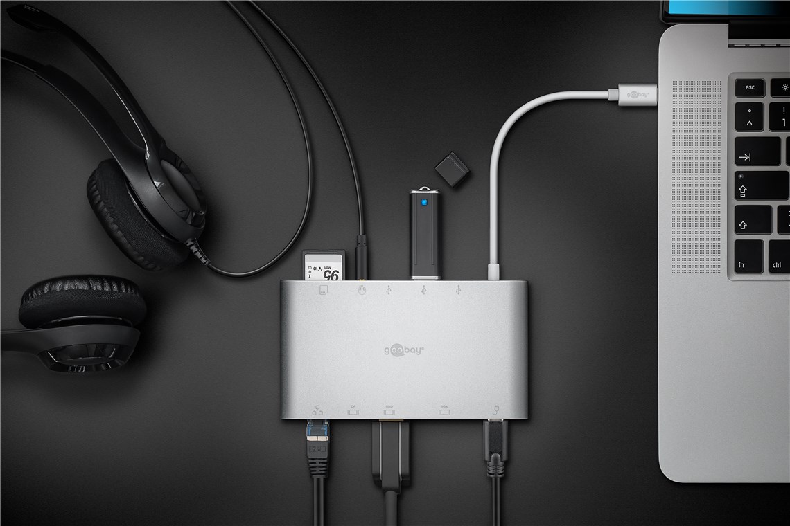 USB-C™ Multiport-Adapter aus Aluminium - erweitert ein USB-C™ Gerät um einen Ethernet-, einen HDMI™-, einen VGA-, einen Mini DisplayPort-, einen 3,5 mm-Klinkenanschluss sowie einen Kartenleser für SD- und Micro-SD-Karten