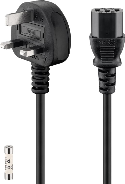 UK-Kaltgerätekabel, 1,5 m, Schwarz UK-Kaltgerätekabel, 1,5 m, Schwarz - Kabellänge 1.5 m - UK 3-Pin-Stecker (Typ G, BS 1363) > Gerätebuchse C13 (Kaltgeräteanschluss)