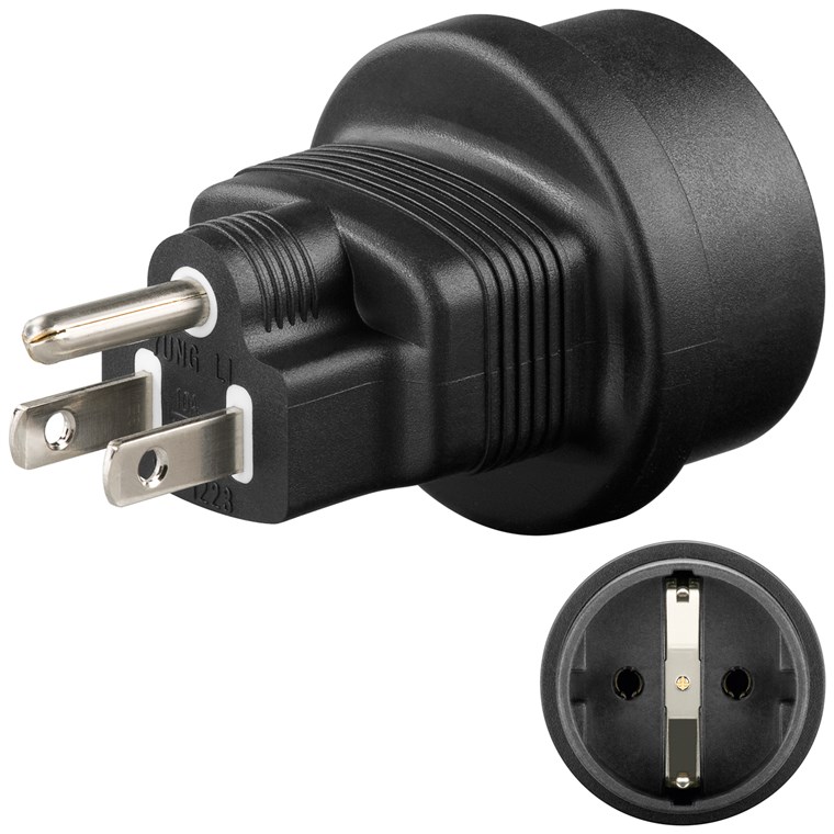 Netzadapter US, Schwarz Netzadapter US, Schwarz - Schutzkontaktbuchse (Typ F, CEE 7/3) > US/Japan-Stecker (Typ B, NEMA 5-15, 3-polig)