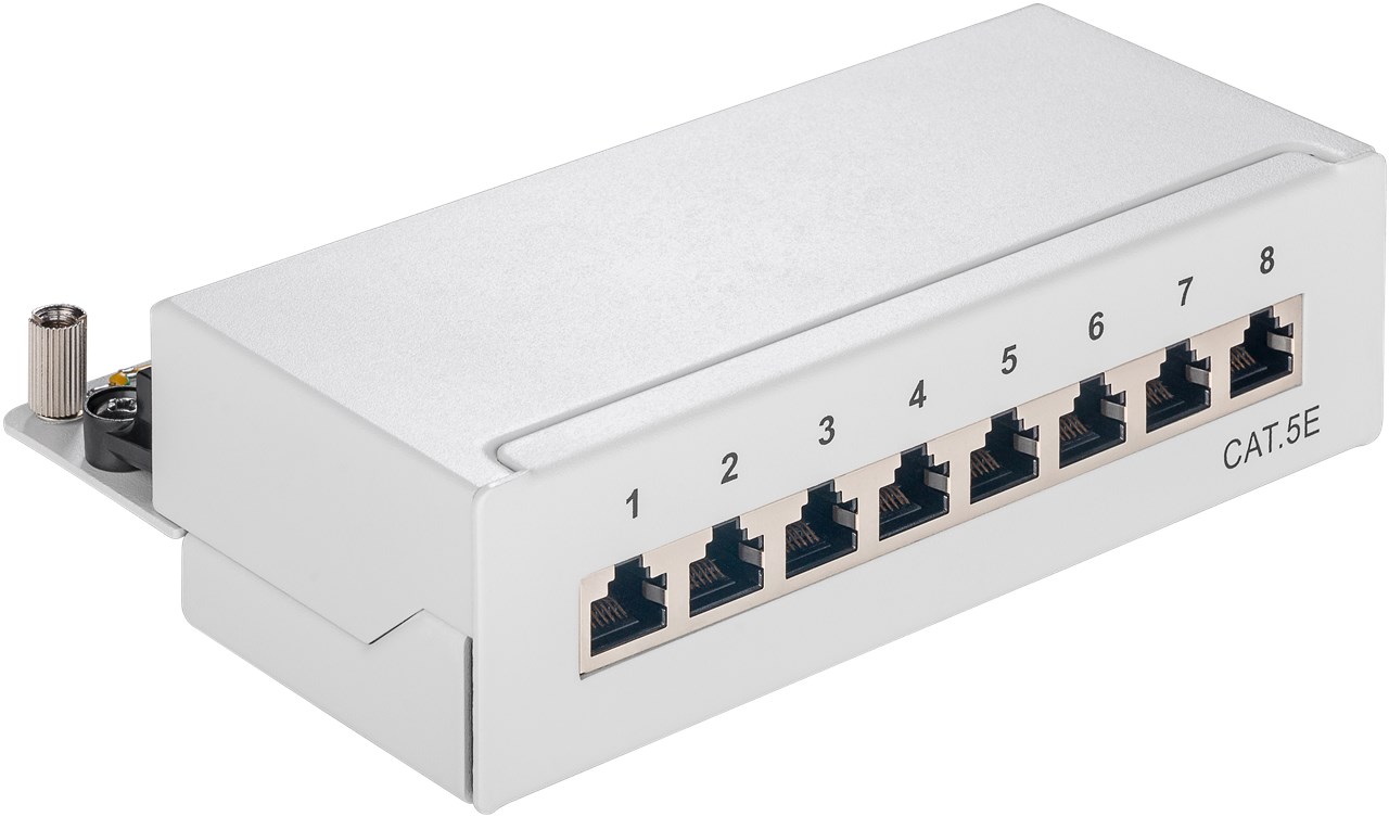 CAT 5e Mini/Desktop Patch Panel, 8 Port, (1 HE) CAT 5e Mini/Desktop Patch Panel, 8 Port, (1 HE) - Farbversion Grau - STP geschirmt, Grau