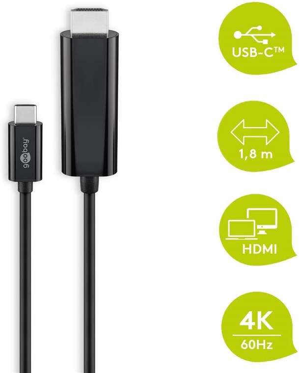 USB-C™- HDMI Adapterkabel 4k60Hz, 1,80m, schwarz - Kabellänge 1.8 m - USB-C™-Stecker > HDMI™-Stecker (Typ A)