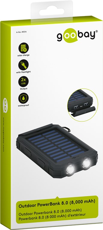 Outdoor Powerbank 8.0 (8.000 mAh) - für Outdoor-Abenteuer dank robustem Design, Solarpanel und Taschenlampenfunktion Outdoor Powerbank 8.0 (8.000 mAh) - für Outdoor-Abenteuer dank robustem Design, Solarpanel und Taschenlampenfunktion