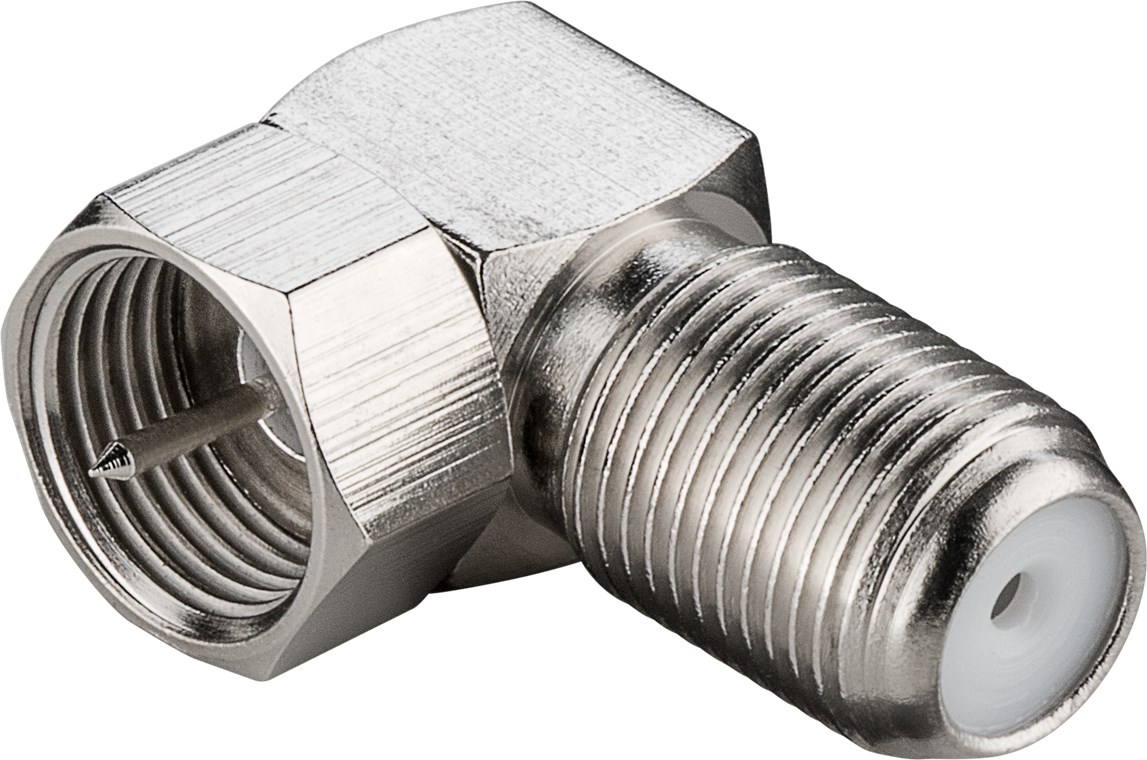Winkeladapter: F-Stecker > F-Buchse 90° Winkeladapter: F-Stecker > F-Buchse 90° - Anschluss, Gehäusematerial Kupfer - Kupfer