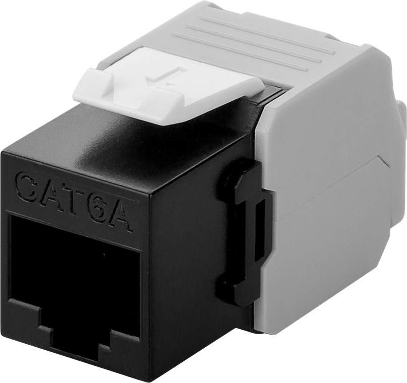 Keystone Modul RJ45 CAT 6A, UTP Keystone Modul RJ45 CAT 6A, UTP - Farbversion Schwarz - 16,5 mm breit, Krokodil-Typ, Klemmleiste für werkzeugfreie LSA-Montage