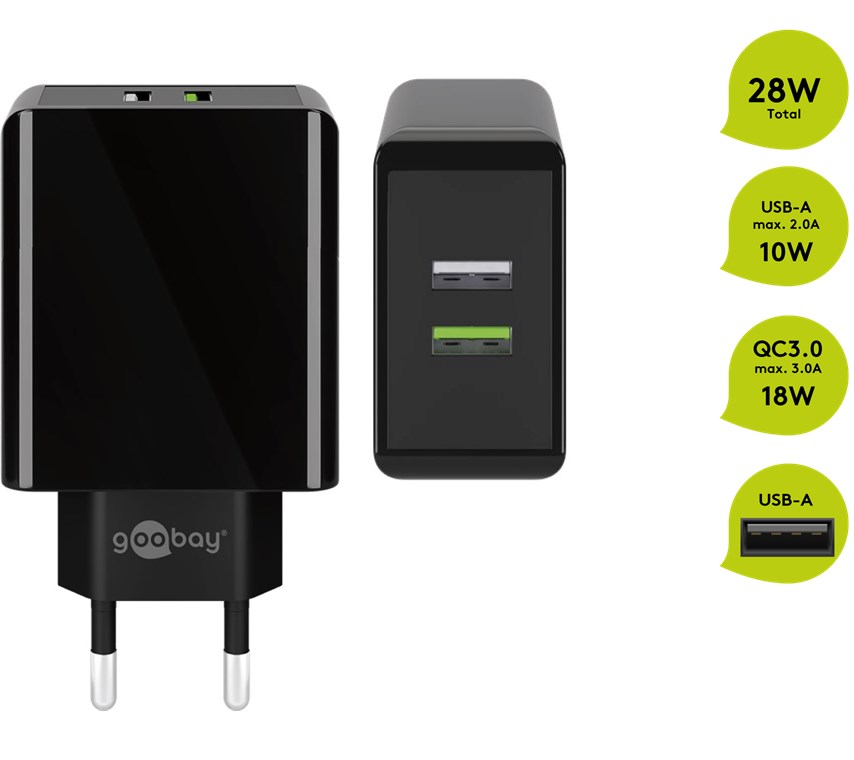Dual-USB Schnellladegerät USB/QC3.0 (28 W), Schwarz - lädt bis zu 4x schneller als Standardladegeräte Dual-USB Schnellladegerät USB/QC3.0 (28 W), Schwarz - lädt bis zu 4x schneller als Standardladegeräte