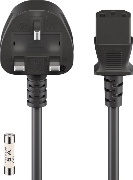 UK-Kaltgerätekabel, 1,8 m, Schwarz - Kabellänge 1.8 m - UK 3-Pin-Stecker (Typ G, BS 1363) > Gerätebuchse C13 (Kaltgeräteanschluss)