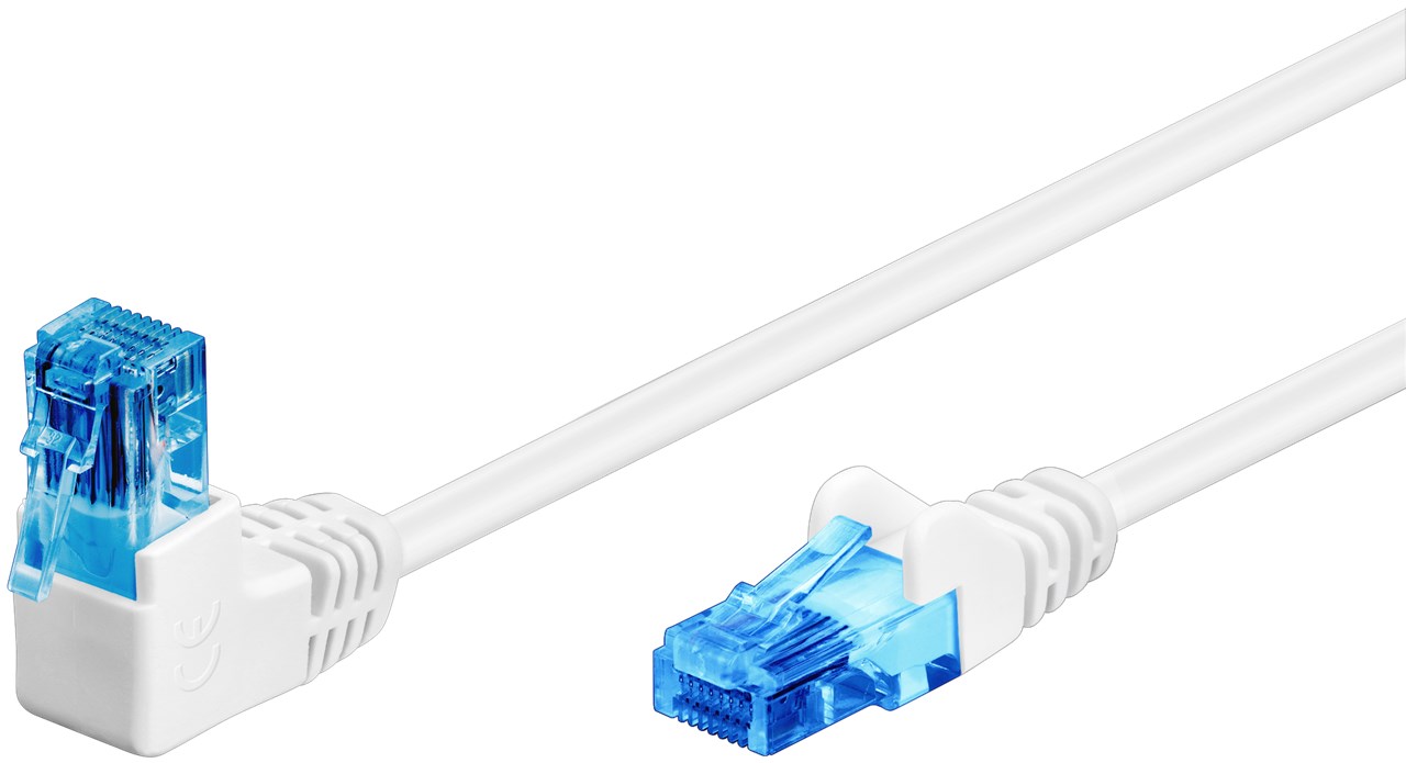 CAT 6A Patchkabel 1x 90° gewinkelt, U/UTP, weiß, 0,25 m CAT 6A Patchkabel 1x 90° gewinkelt, U/UTP, weiß, 0,25 m - Kabellänge 0.25 m - Kupferkaschierter Aluminiumleiter (CCA), Rastnase oben