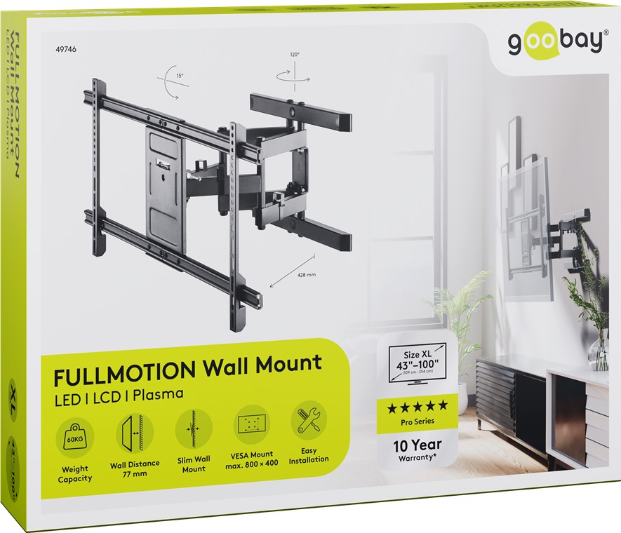TV-Wandhalterung Pro FULLMOTION (XL) - für Fernseher von 43" bis 100" (109-254 cm) , vollbeweglich (schwenkbar und neigbar) bis 60kg. TV-Wandhalterung Pro FULLMOTION (XL) - für Fernseher von 43" bis 100" (109-254 cm) , vollbeweglich (schwenkbar und neigbar) bis 60kg.