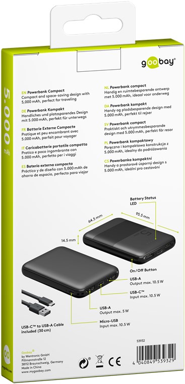 Powerbank kompakt 5.000 mAh - Leistungsstarke 5.000 mAh in einem handlichen wie griffigen Design, perfekt für unterwegs
