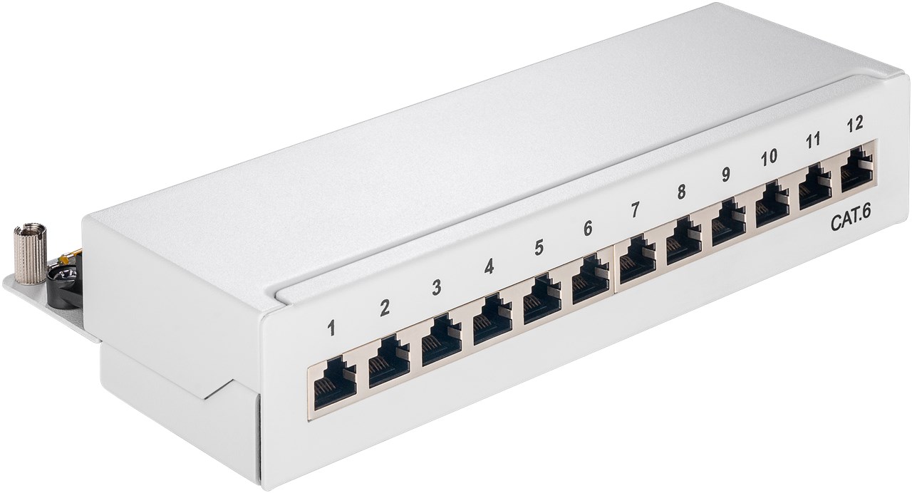 CAT 6 Mini/Desktop Patch Panel, 12 Port, (1 HE) - Farbversion Grau - STP geschirmt
