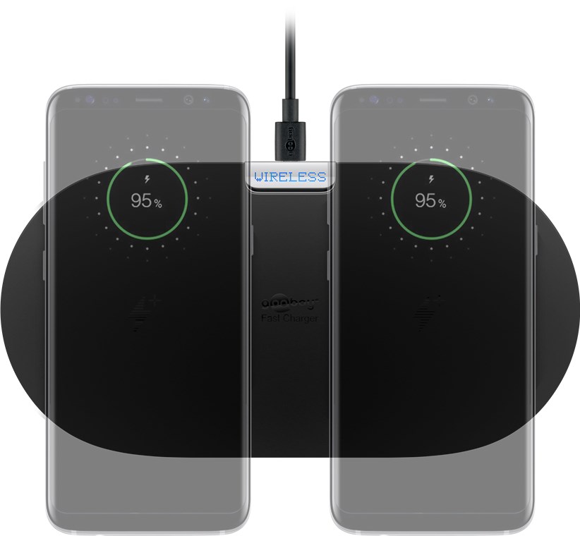 Kabelloses Dual-Schnellladegerät 10 W, Schwarz Kabelloses Dual-Schnellladegerät 10 W, Schwarz - flaches Tischladegerät geeignet für zwei Smartphones und Geräte mit Qi-Standard
