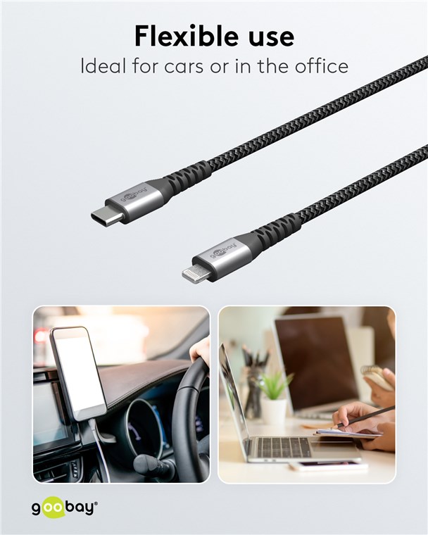 Lightning USB-C™ Lade- und Synchronisations Vollmetall-Kabel - Kabellänge 0.5 m - elegantes und extra-robustes MFi Lade- und Synchronisationskabel für Apple iPhone/iPad (Schwarz, Grau)