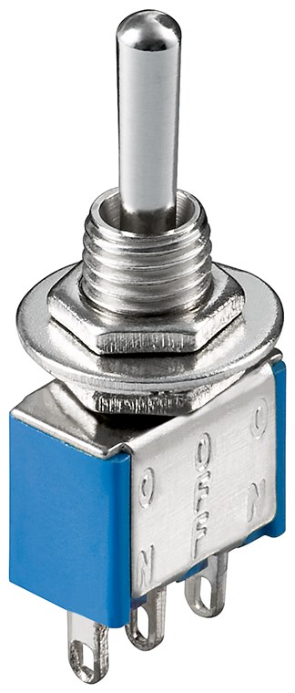 Kippschalter Miniatur, EIN – AUS – EIN, 3 Pins, blaues Gehäuse Kippschalter Miniatur, EIN – AUS – EIN, 3 Pins, blaues Gehäuse - ideal für den Bereich DIY oder den Modellbau