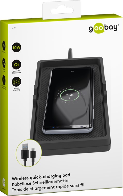 Kabelloses Kfz-Schnellladegerät 10 W, Schwarz - Ladematte geeignet für Smartphones und Geräte mit Qi-Standard Kabelloses Kfz-Schnellladegerät 10 W, Schwarz - Ladematte geeignet für Smartphones und Geräte mit Qi-Standard