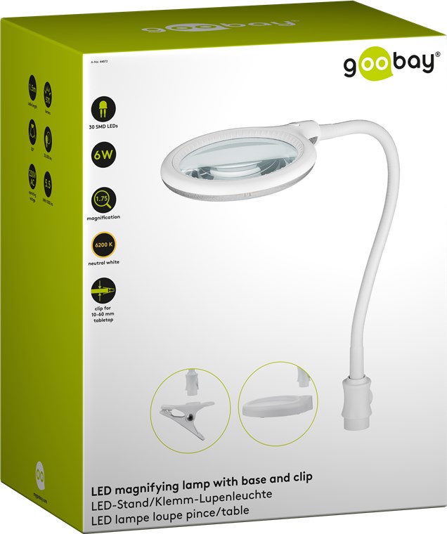 LED-Stand-/Klemm-Lupenleuchte, 6 W - 100 mm Glaslinse, 1,75-fache Vergrößerung, 3 Dioptrien, 570 lm