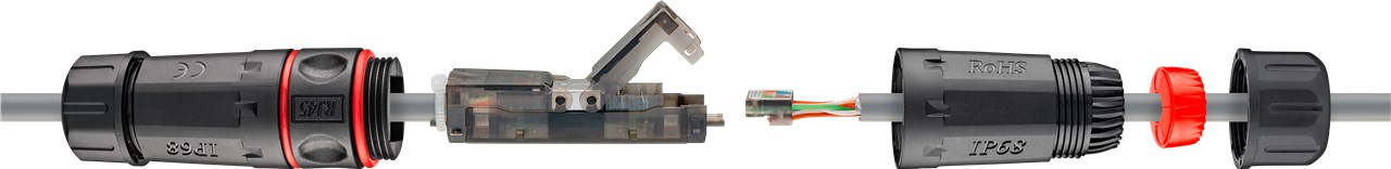 Outdoor (IP68) Netzwerkkabel-Verbinder, CAT 6 UTP ungeschirmt - staub- und wasserdicht, Klemmleiste für LSA Montage (werkzeugfrei)