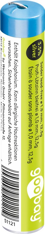 Profi Lötzinn bleifrei, ø 1,0 mm, 12,5 g Profi Lötzinn bleifrei, ø 1,0 mm, 12,5 g - Zusammensetzung: 3,5 % Silber, 0,7 % Kupfer, 93,8 % Zinn, Flussmittelanteil: 2 %, Schmelzpunkt 217° C