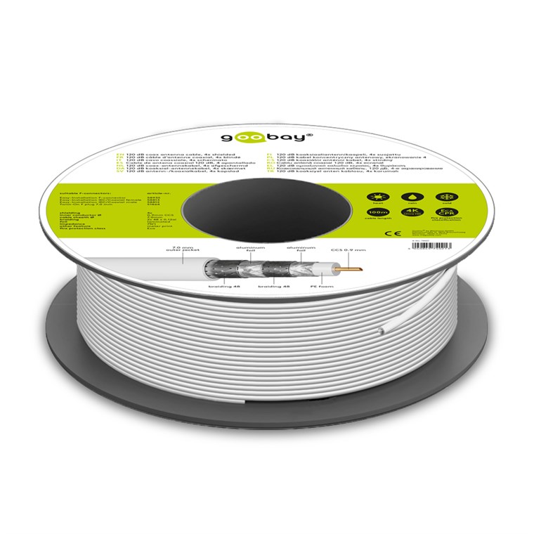 120 dB SAT Koaxialkabel, 4x geschirmt, CCS, 100 m, weiß - für höchste Anforderungen im Bereich von digitalen SAT- und BK-Kabelanlagen 120 dB SAT Koaxialkabel, 4x geschirmt, CCS, 100 m, weiß - für höchste Anforderungen im Bereich von digitalen SAT- und BK-Kabelanlagen