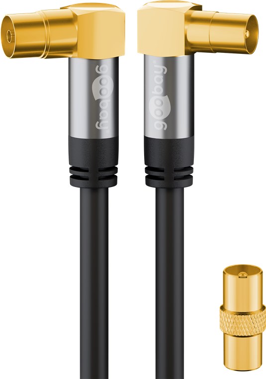 TV Antennenkabel (135 dB typ), 4x geschirmt - Kabellänge 1 m - vergoldet, Koax-Buchse 90° > Koax-Stecker 90°