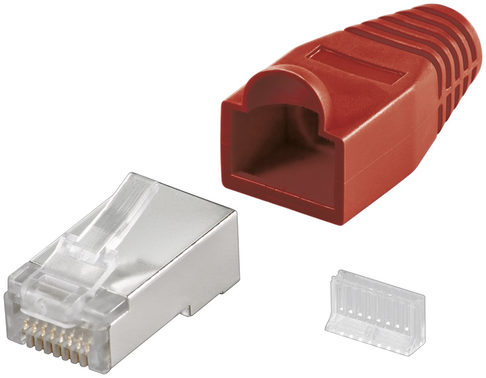 RJ45 Stecker, CAT 5e STP geschirmt mit Knickschutztülle RJ45 Stecker, CAT 5e STP geschirmt mit Knickschutztülle - Farbversion Rot - für Rundkabel, mit Einfädelhilfe