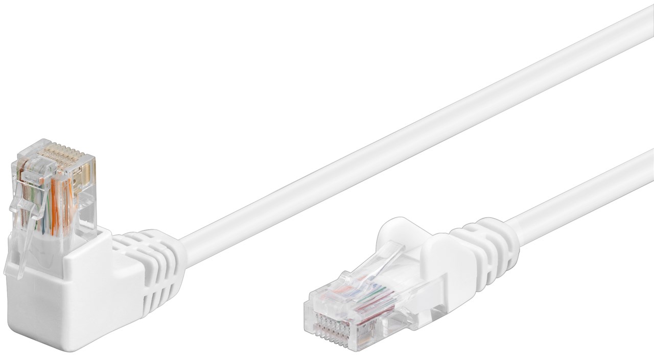 CAT 5e Patchkabel 1x 90° gewinkelt, U/UTP, weiß, 1 m CAT 5e Patchkabel 1x 90° gewinkelt, U/UTP, weiß, 0,25 m - Kabellänge 0.25 m - Kupferkaschierter Aluminiumleiter (CCA), Rastnase oben
